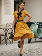 Polka Dot Shirt Dress With Tie And Belt Flutter Sleeve Vintage Midi Dress For Women 2026