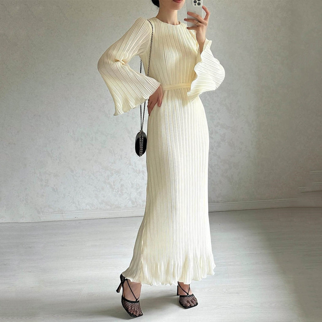 Micro Pleated Crew Neck Tie Belt Bell Sleeve Maxi Dress