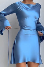 Satin Cowl Neck Bell Sleeve Tie Waist Mini Dress