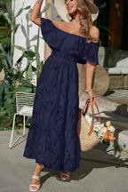 Off Shoulder Ruffle Tiered Jacquard Ladder Lace Trim Maxi Dress