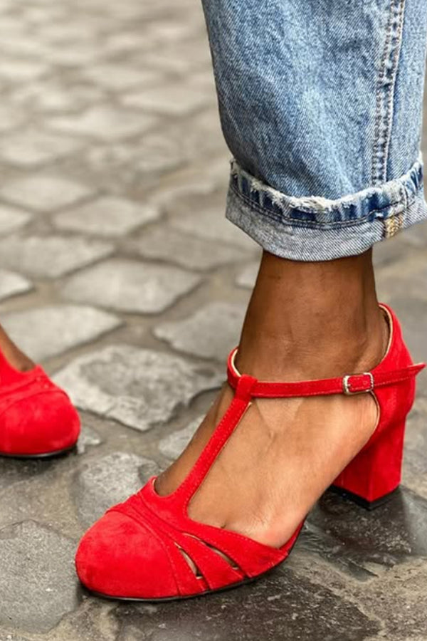 Color-blocked Faux Suede Chunky Heel Sandals
