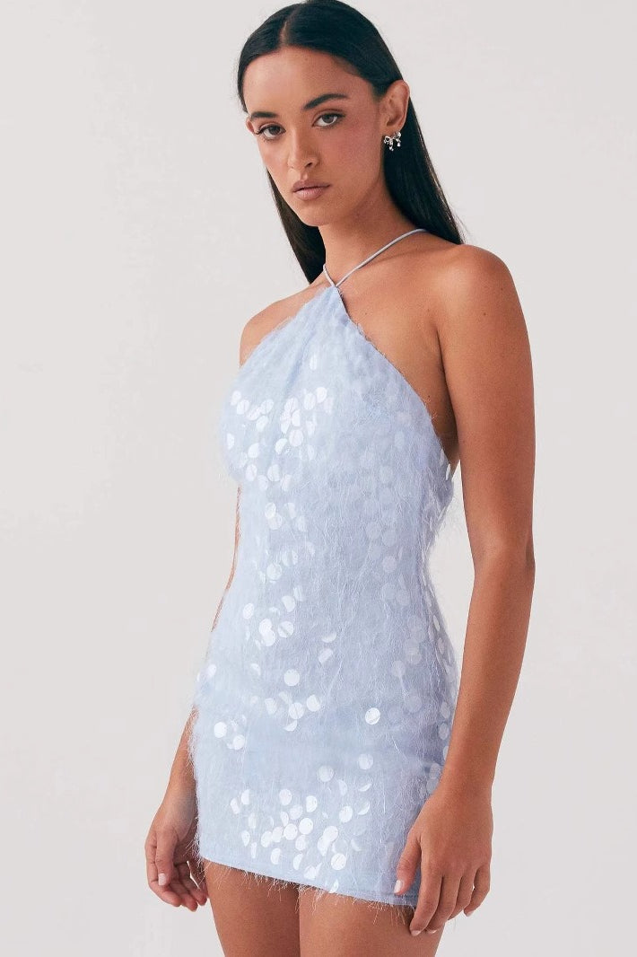 Sequin Paillette Halter Neck Backless Bodycon Mini Dress