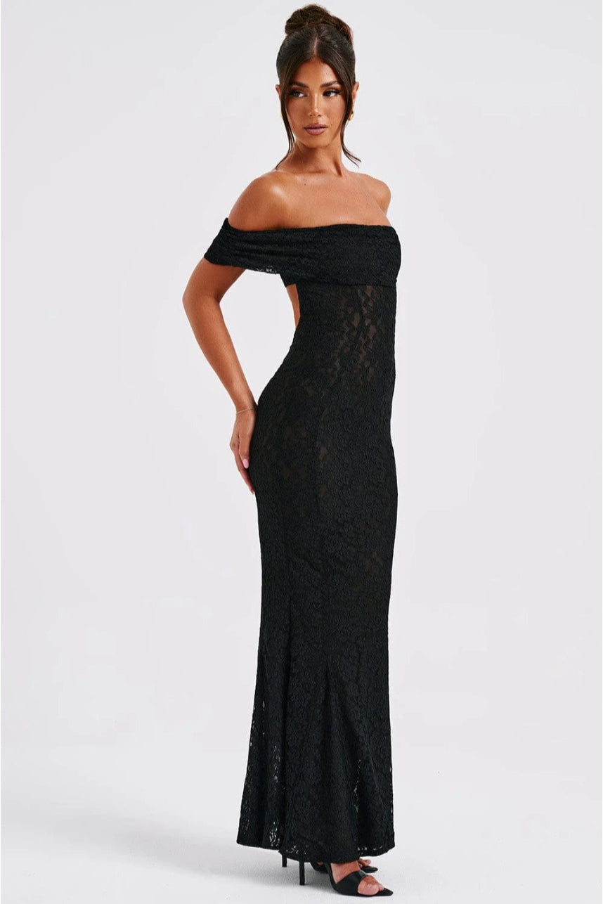 Floral Lace Off Shoulder Foldover Cuff Mermaid Maxi Dress