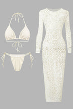 Solid Color Stretch Two-piece Bikini Swimsuit and Hollowed-out Long-sleeved Slim-fit Cover-up Maxi Dress Set