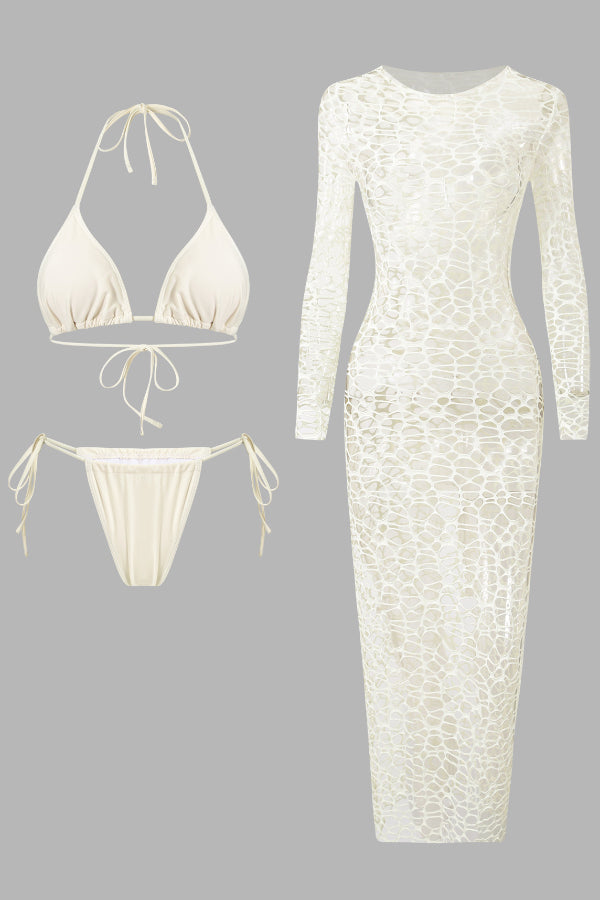 Solid Color Stretch Two-piece Bikini Swimsuit and Hollowed-out Long-sleeved Slim-fit Cover-up Maxi Dress Set