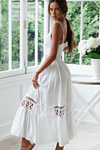 White Deep V Neck Crochet Lace Insert Button Front Ruffle Hem Midi Dress