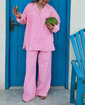 Pink Print Pockets Straight Trousers Office Two Piece Set