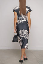 Bella Contrast Color Unique Print Dolman Sleeve Ruched Slit Midi Dress