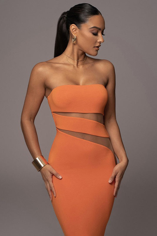 Strapless Diagonal Mesh Panel Cut Out Bodycon Midi Dress