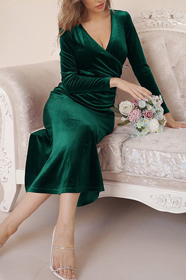 Velvet Wrap Deep V-Neck Ruched Side Long Sleeve Maxi Dress