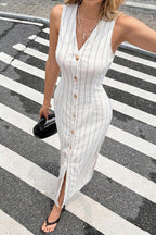 Fashionable Striped Print V-neck Sleeveless Slim Fit Button Casual Maxi Dress