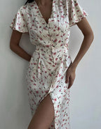 V-Neck Button Front Flutter Sleeve High Slit Floral Midi Dress