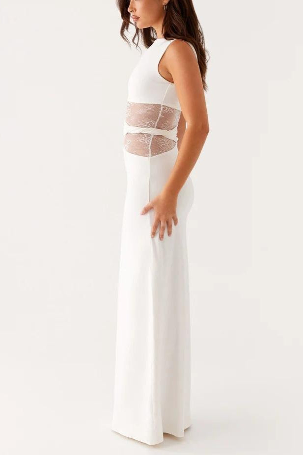 Boat Neck Sleeveless Lace Panel Waist Cut Out Twist Detail Maxi Dress