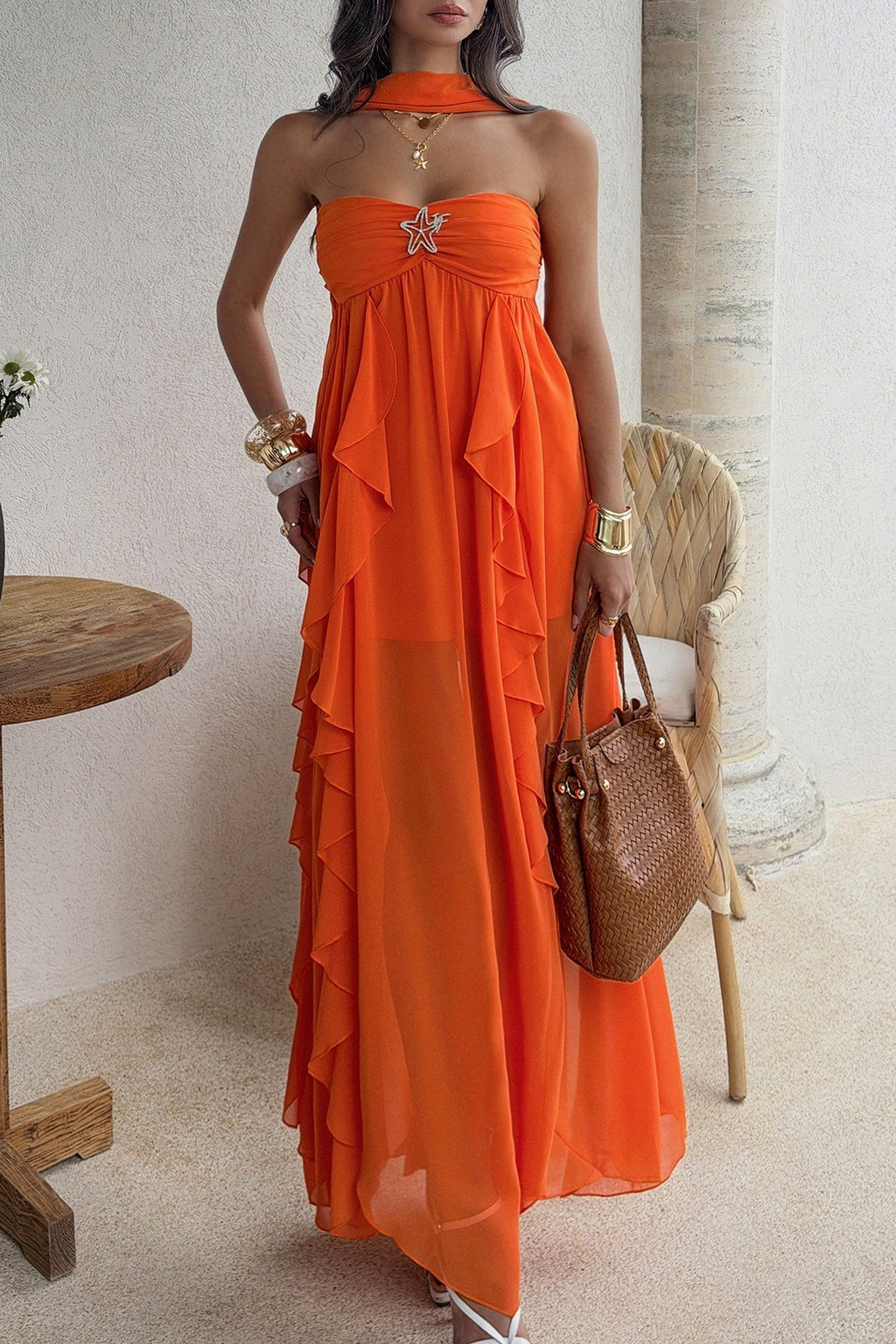 Strapless Starfish Detail Tiered Ruffle Chiffon Maxi Dress