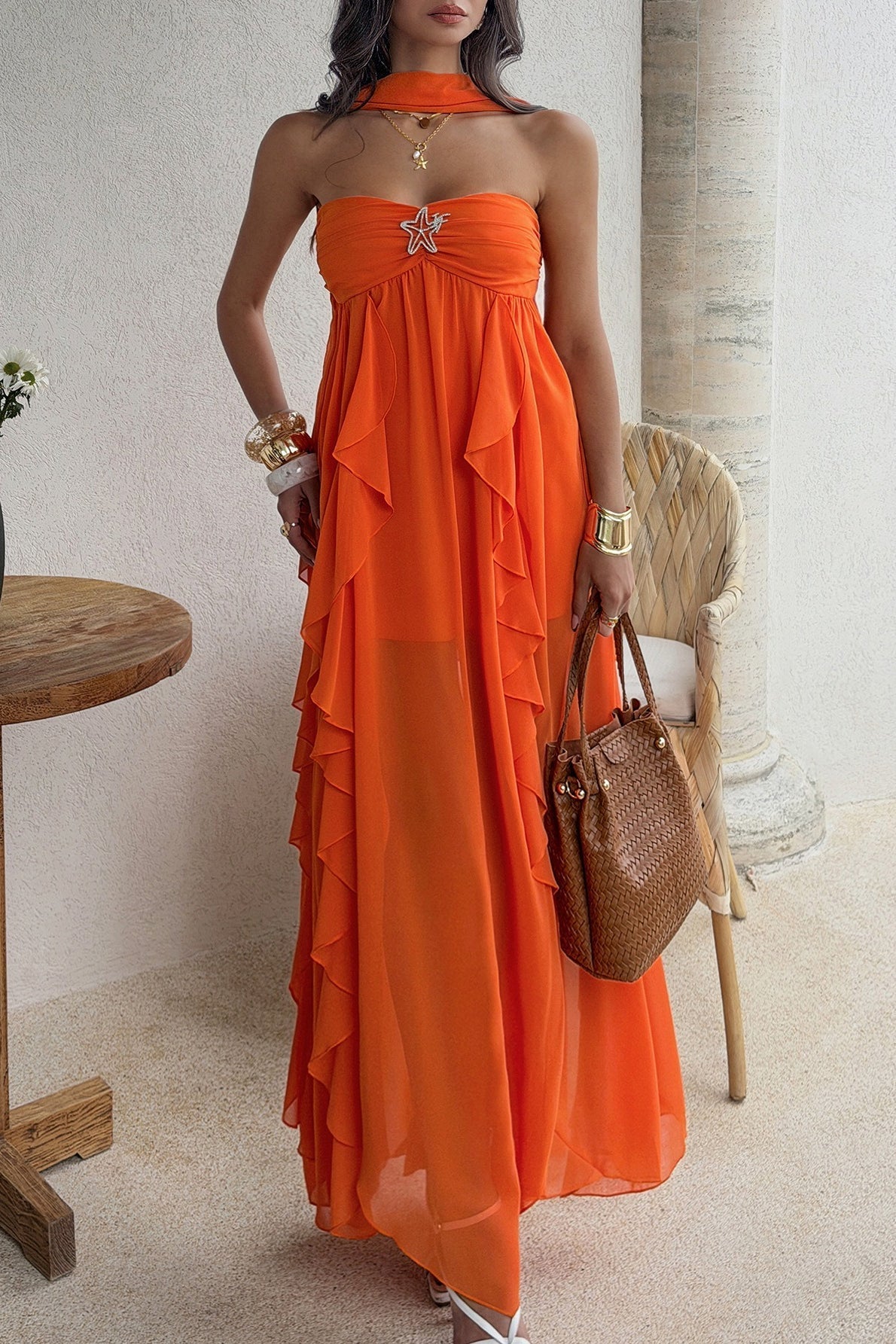 Strapless Starfish Detail Tiered Ruffle Chiffon Maxi Dress