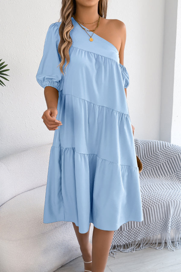 Solid Color Loose Slash Neck Short-sleeved Casual Midi Dress
