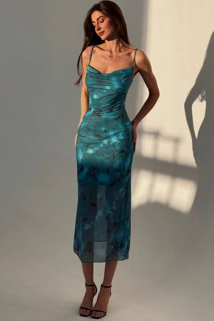 Green Cowl Neck Spaghetti Strap Abstract Marble Print Sheer Hem Midi Dress