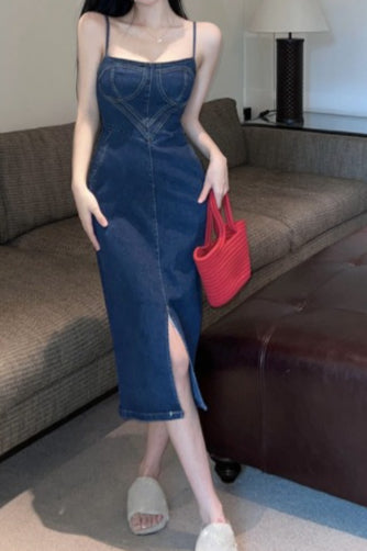 Denim Strapless Corset Bustier Side Pocket High Split Midi Dress