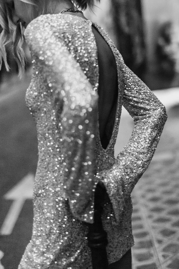 Sequin Open Back Oval Cutout Long Sleeve Mini Dress