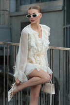 Chiffon Deep V-Neck Tie Front Long Sleeve Tiered Ruffle Mini Dress