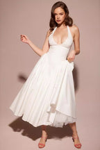 Halter Neck Deep V-Neck Drop Waist Fit and Flare Maxi Dress