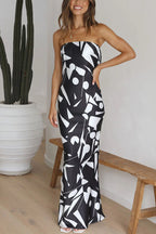 Strapless Geometric Print Satin Column Maxi Dress