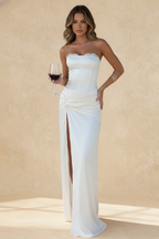 Strapless Corset Lace Trim Ruched Hip Side Slit Maxi Dress