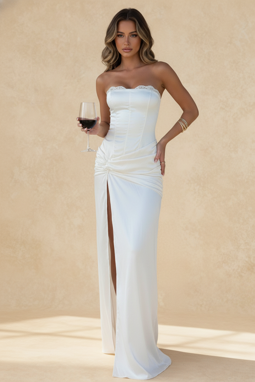 Strapless Corset Lace Trim Ruched Hip Side Slit Maxi Dress