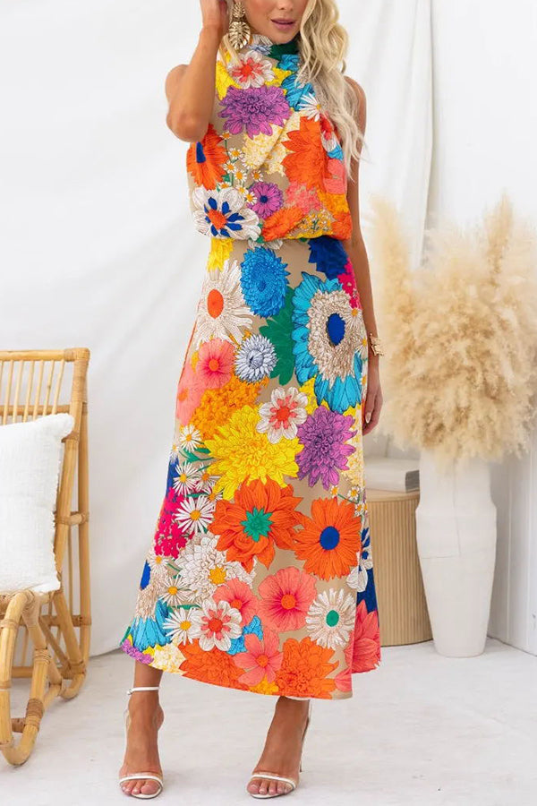 Large Floral Print Halter Neck Midi Skirt Set