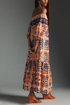 Off Shoulder Puff Sleeve Tiered Hem Tropical Print Pocket Maxi Dress