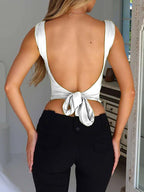 Plain V Neck Backless Tank Top