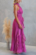 Coral Textured Metallic Chiffon Material High Tie Neck Ruffles Maxi Dress