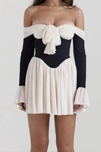 Off Shoulder Tie Front Corset Bodice Puff Sleeve Pleated Mini Dress