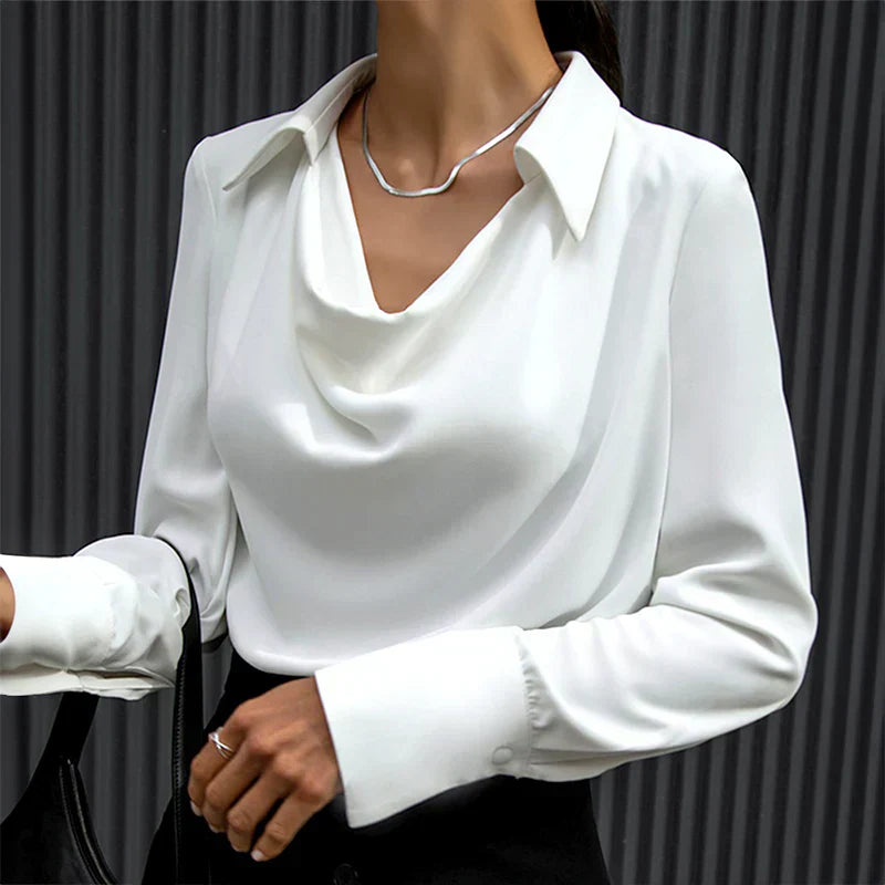 | Women's Drape Neck Long Sleeve Satin Blouse