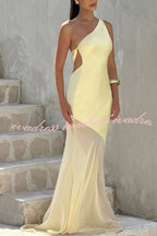 Fable Satin One Shoulder Back Adjustable Straps Contrast Chiffon Hem Maxi Dress