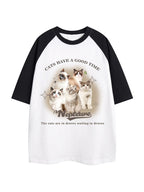 Vintage Cat Print Raglan Oversized Short Sleeve Tee