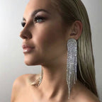 Rhinestone Long Tassel Drop Earrings - Silver