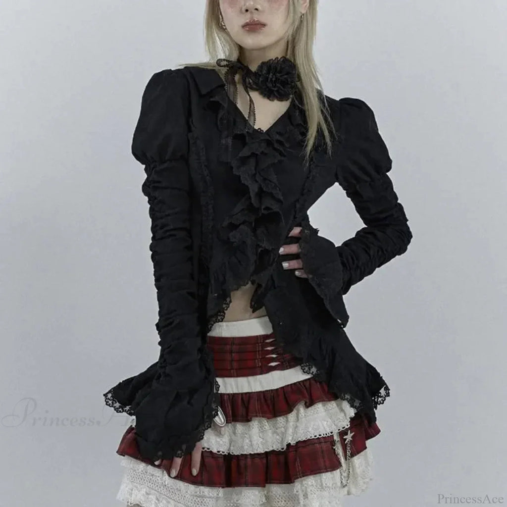 Dark Black Lace Flare Sleeve Shirt