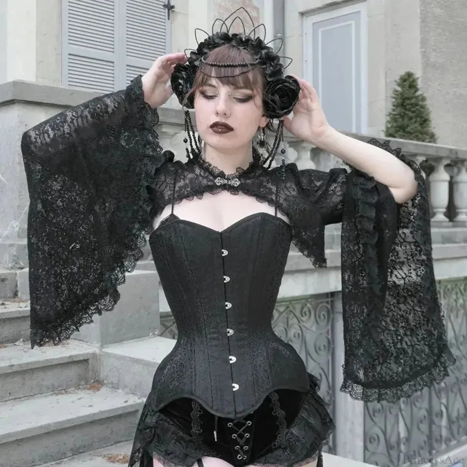 Dark Flared Sleeve Silk Blouse