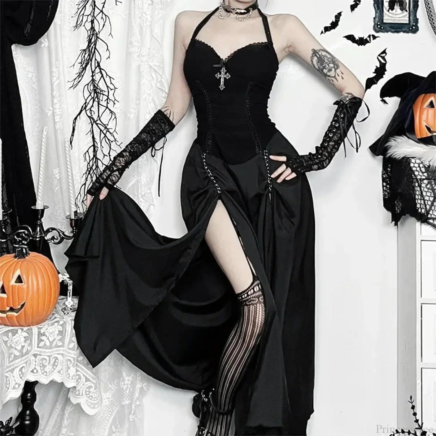 Dark Lace Patchwork Long Dress