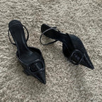 Dark Leather Pointed Toe Mysterious Stiletto
