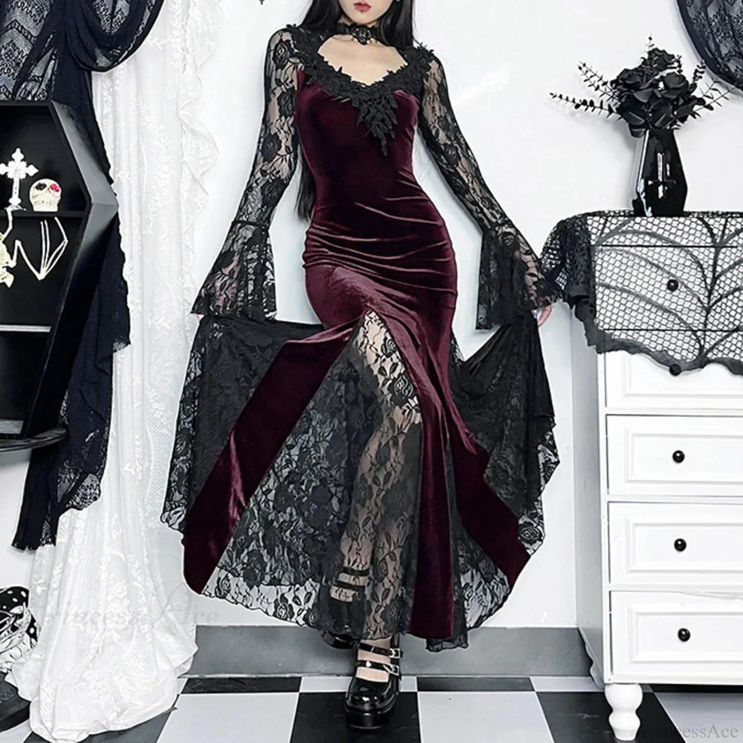 Dark Plaid Elegant Short Long Dress