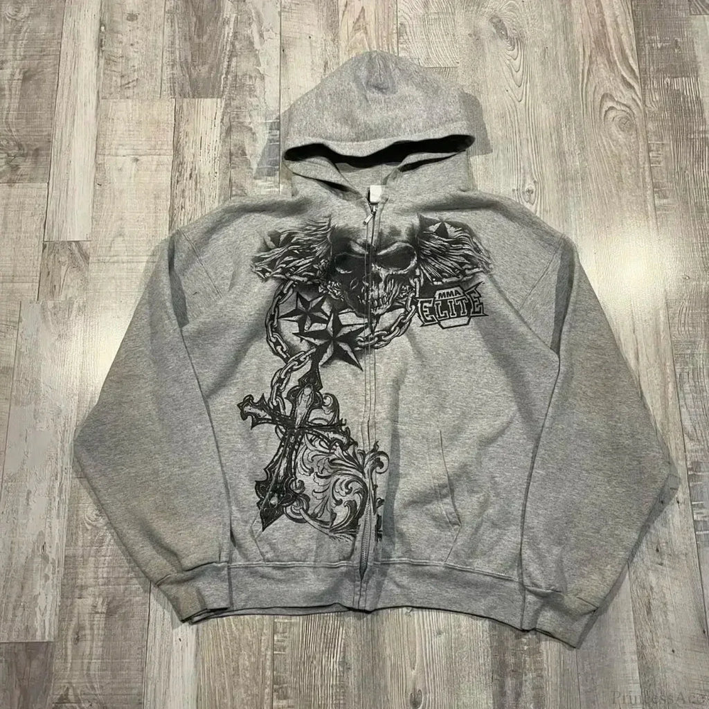 Dark Skull Print Zip Hoodie