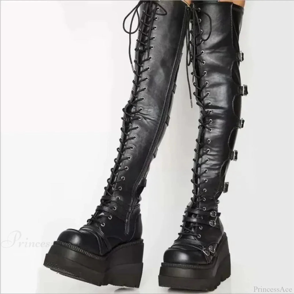 Dark Thigh Tall Platform Wedges Rebel Boot