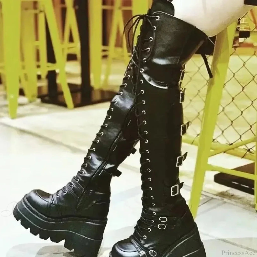 Dark Thigh Tall Platform Wedges Rebel Boot
