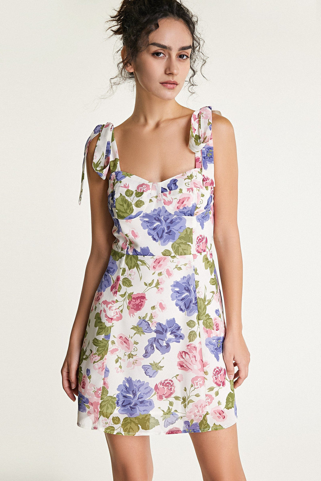 Floral Print Tie Shoulder Sweetheart Bustier A-Line Mini Dress