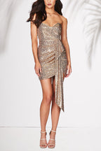 Strapless Sequin Sweetheart Wrap Draped Panel Mini Dress