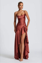 Satin Ruched Bodice Cascade Ruffle High Split Maxi Gown