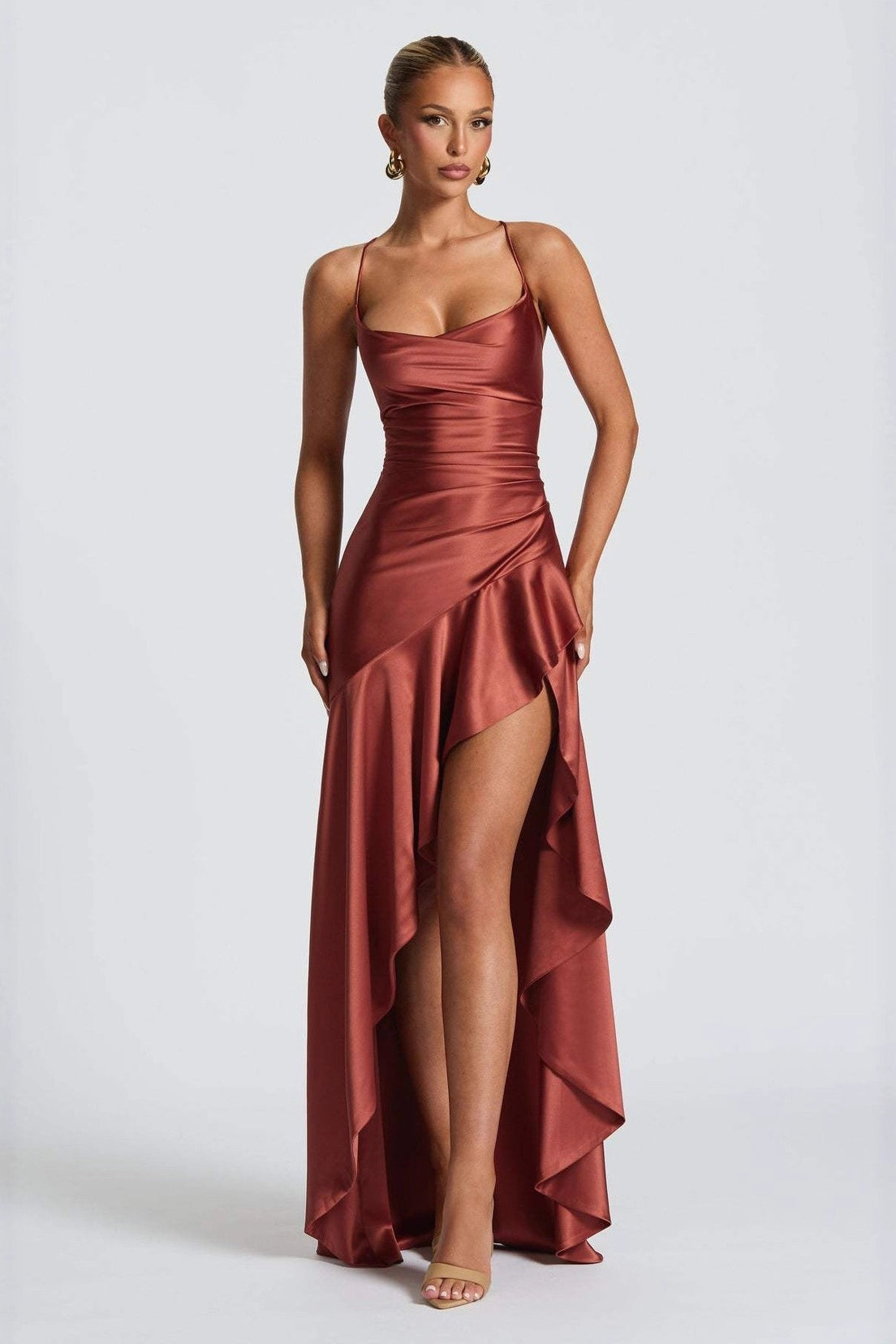 Satin Ruched Bodice Cascade Ruffle High Split Maxi Gown