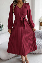 Deep V-Neck Bishop Sleeve Button Front Pleated Belted Midi Dress